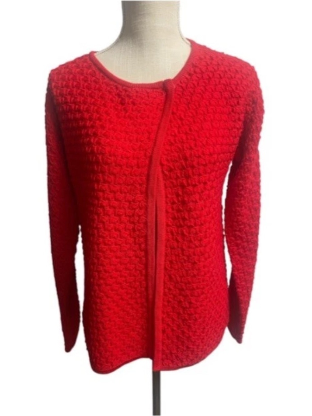 ST. JOHN Red Knit Textured Pattern One Button Semi Open Front Wool Cardigan Sz P